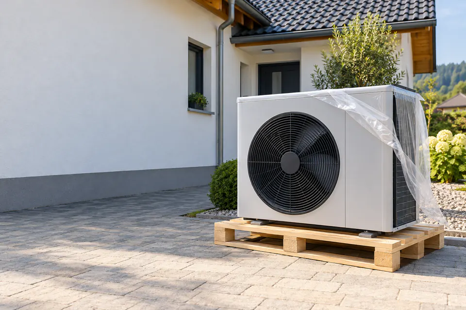 Neue Wärmepumpe vor einem Einfamilienhaus, gekauft mit Montage durch einen Fachbetrieb